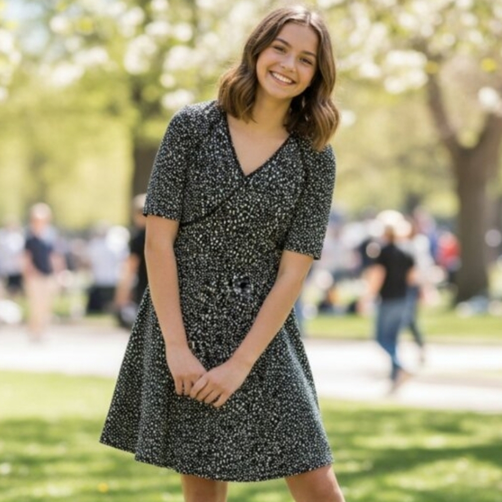 Title Nine Sayonara Cafe Sleeve Dress Black White Dots Women's Size Small